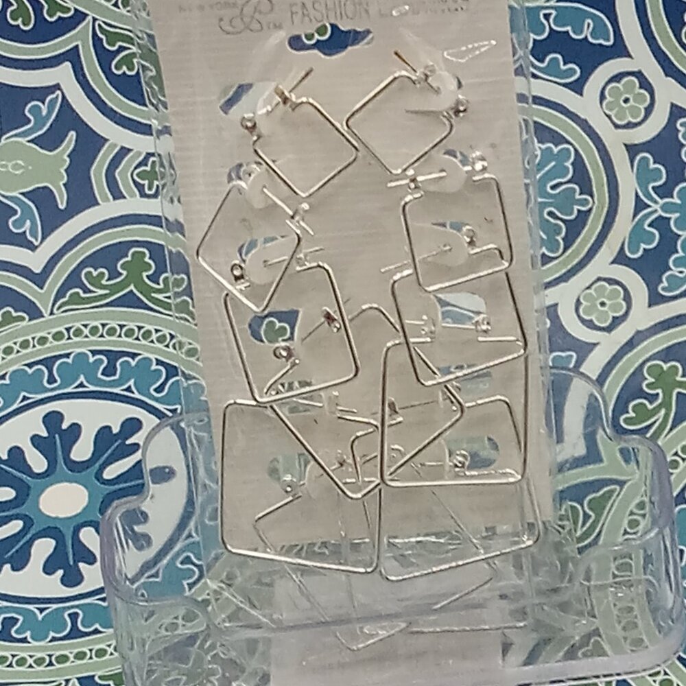 Square Silver Tone 6 Pair Earrings Pierced Set Everyday Light Weight - Picture 5 of 7